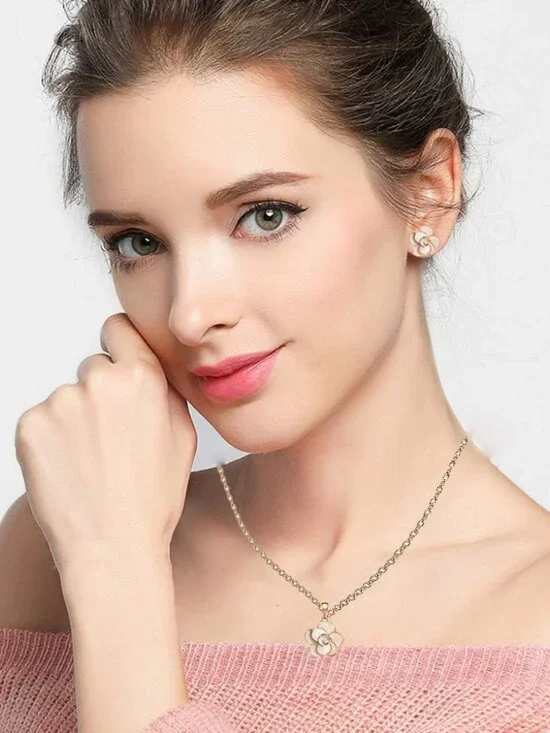 Rose Flower Necklace Earrings Set for Women 18K Gold Plated Hypoallergenic Jewel - Picture 2 of 8